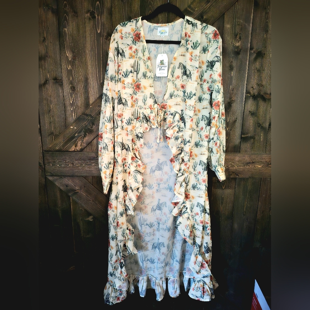 NWT Turquoise Haven FLORAL COWBOY RUFFLE KIMONO DUSTER Small - Large - Picture 2 of 5